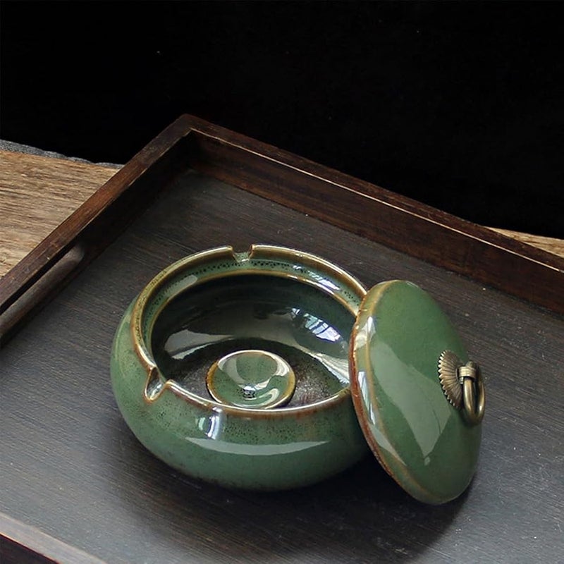 منفضة سجائر خضراء خزفية بغطاء مقاوم للرياح وحاملة رماد محمولة لتزيين الداخل والخارج والمنزل والمكتب والفسحة - Image 4